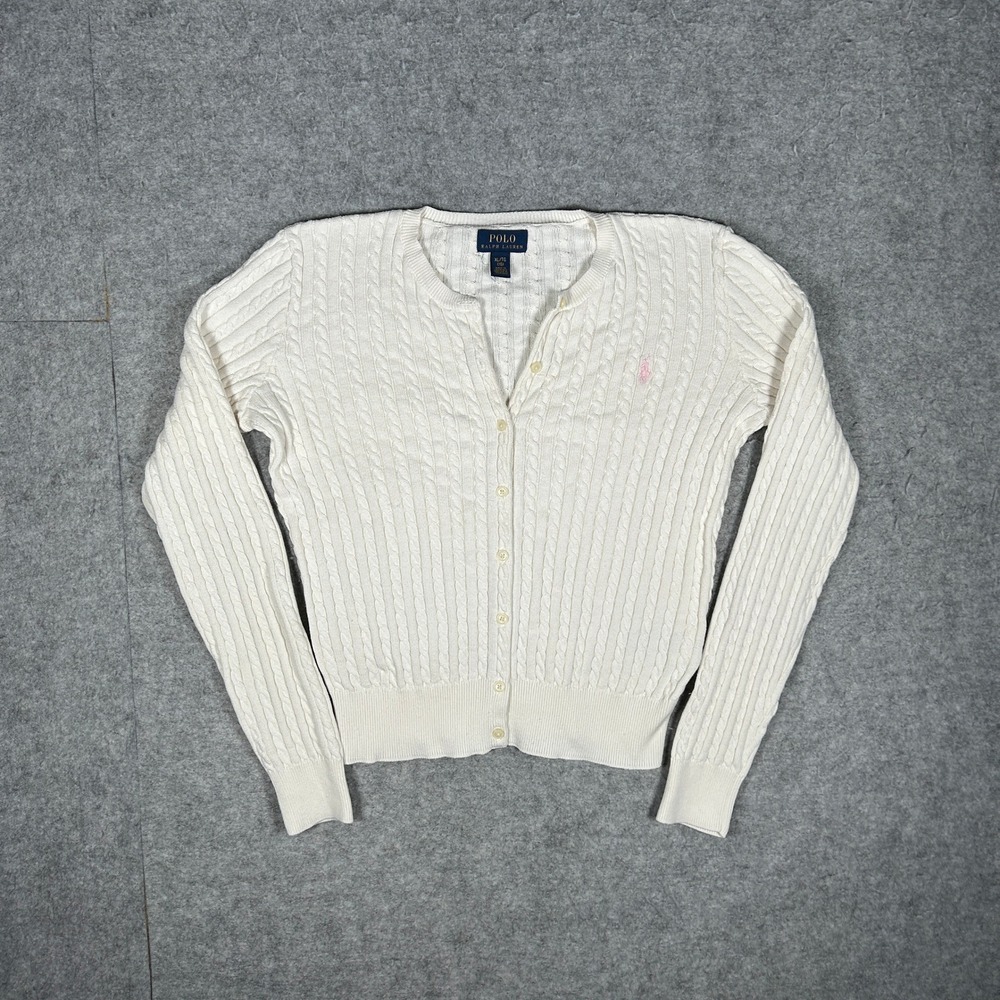 Polo Ralph Lauren Sweater Girl XL(16) White Cable Knit Cardigan Pony Logo Preppy